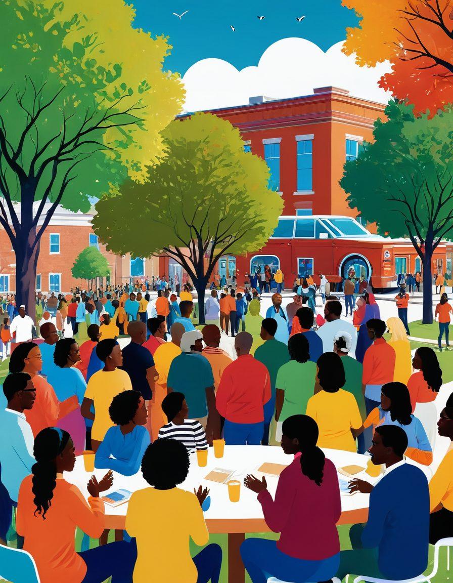 A vibrant community gathering scene, showcasing diverse individuals engaged in conversations and sharing ideas, surrounded by a colorful backdrop of community resources like libraries and parks. Illustrate a sense of connection and support among peers, with visual elements like speech bubbles and hands joining together. The atmosphere should feel warm and inviting, symbolizing unity and collaboration. super-realistic. vibrant colors. warm tones.