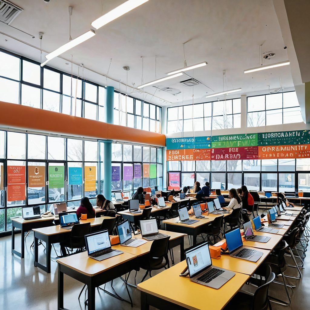 A vibrant and inviting educational hub featuring diverse students collaborating over laptops, surrounded by stacks of colorful textbooks and educational posters. Incorporate elements of a community board with pinned resources and events, and include a warm, encouraging atmosphere. Add light streaming in through large windows to signify hope and opportunity. super-realistic. vibrant colors. white background.